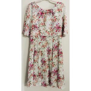 Vtg 90’s Floral Fit &Flare Midi Chiffon Cape Layered Dress 16 Boho Wedding Guest